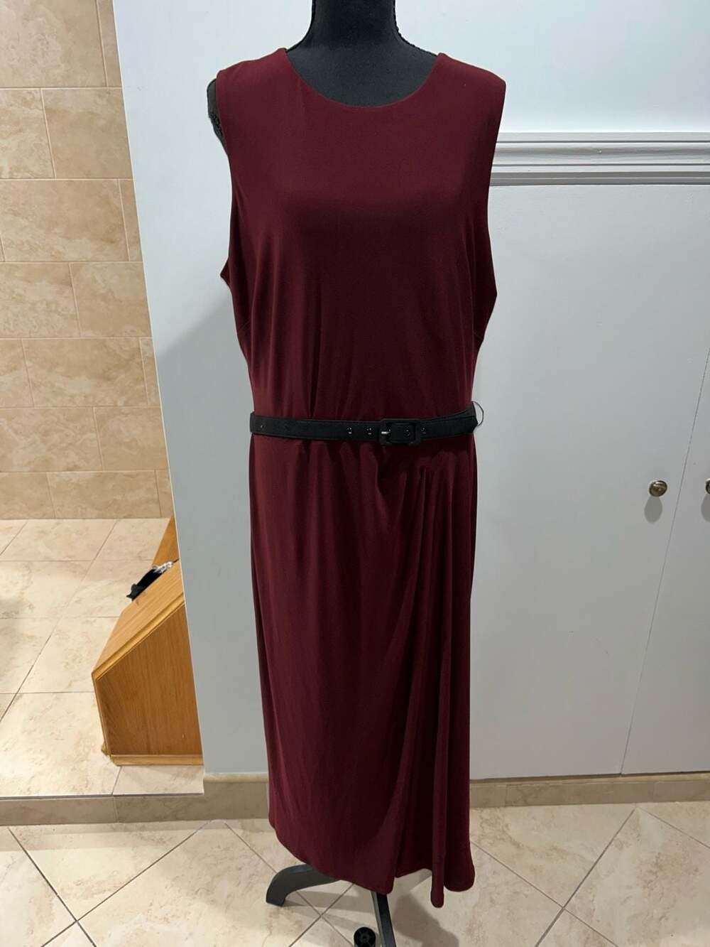 Lauren Ralph Lauren Burgundy Sleeveless Belted Midi Dress Size 18